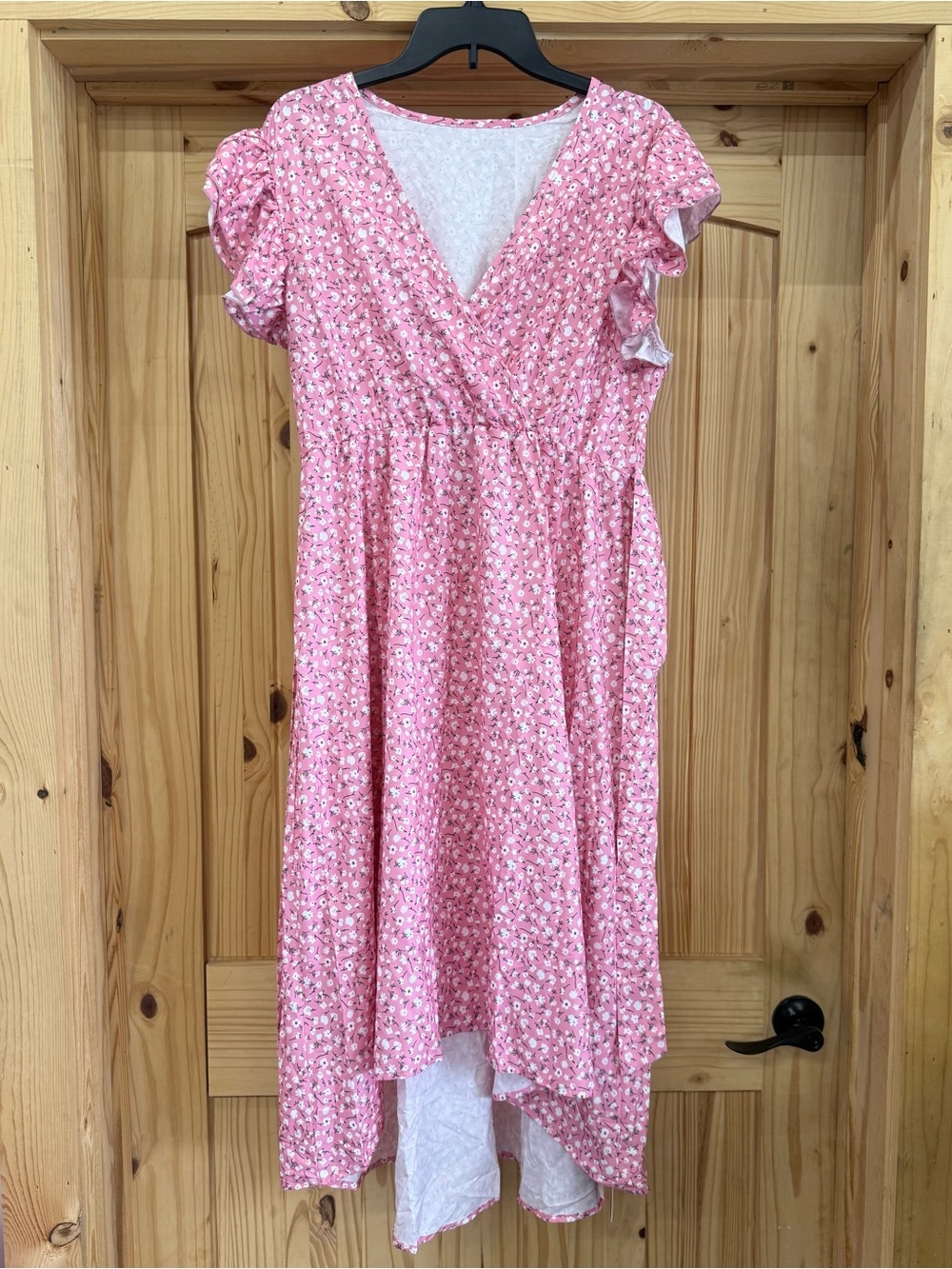 Fashion Pink Floral Print Ruffle Sleeve High-Low Wrap Dress‎ Size L